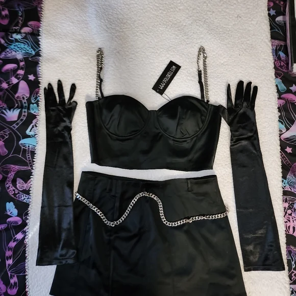 NWT Dolls Kill Sexy , Midnight Black Satin Skirt Set - Picture 7 of 12